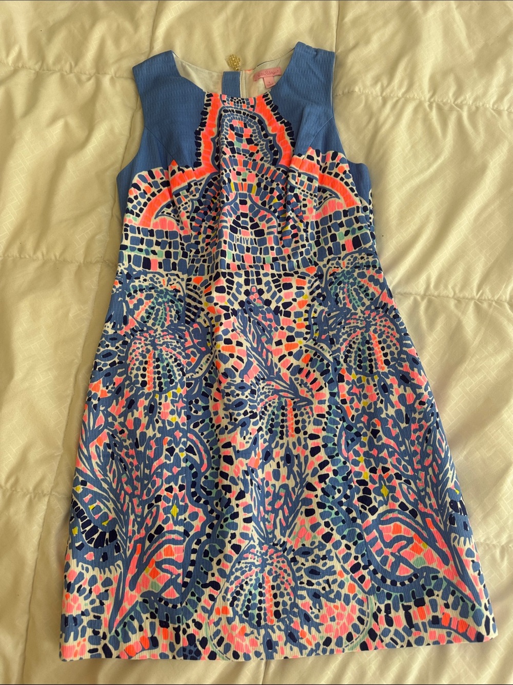 Lilly Pulitzer Blue Pink Coral Mosaic Print Sleeveless Dress